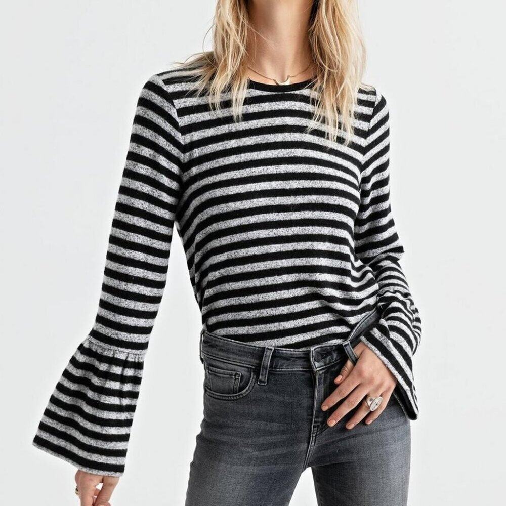 Lucky Brand Black/Grey Stripe Cloud Jersey Bell Sleeve Top Size XS